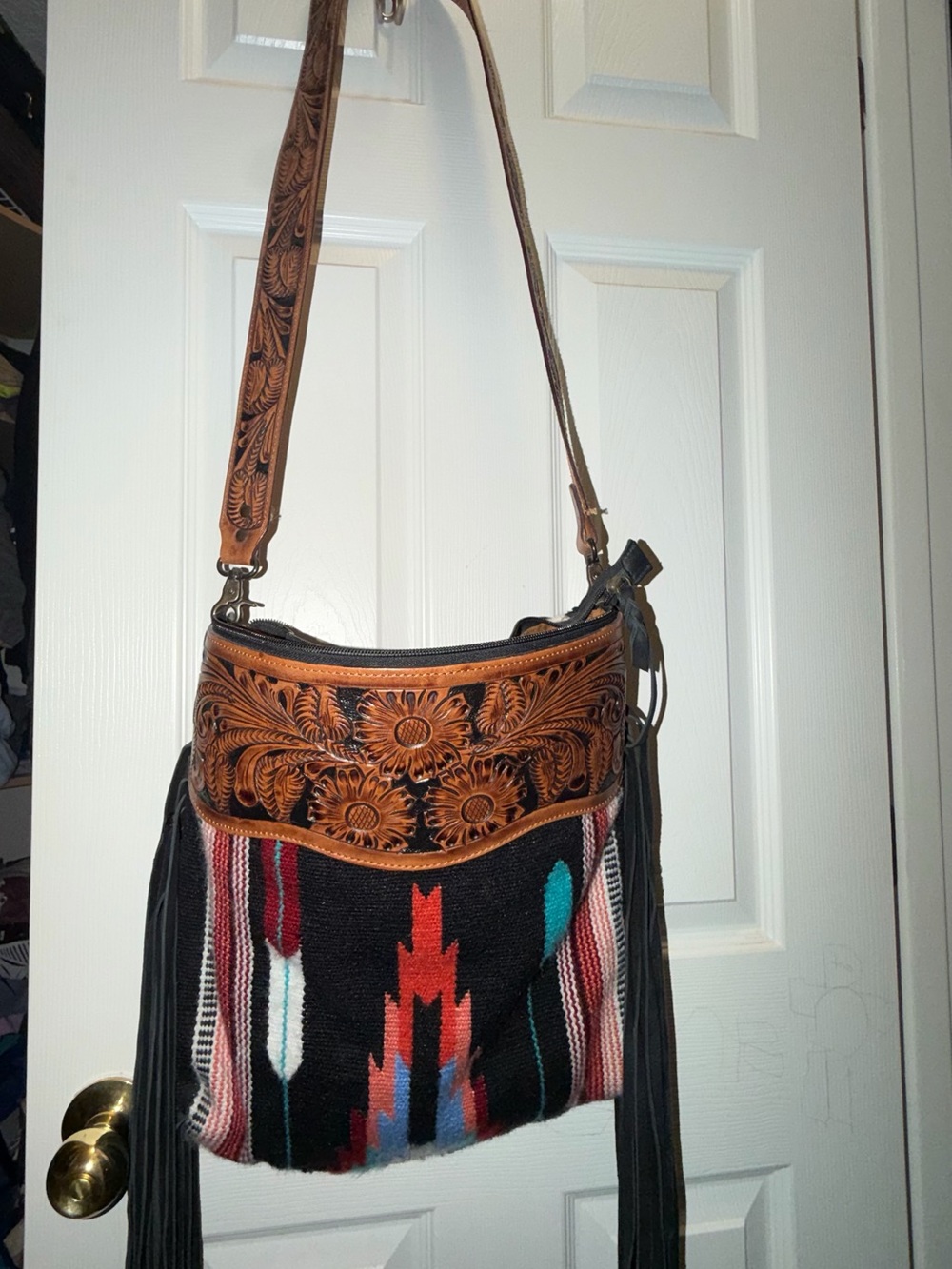 American Darling Brown Tooled Leather & Black Woven Fringe Crossbody